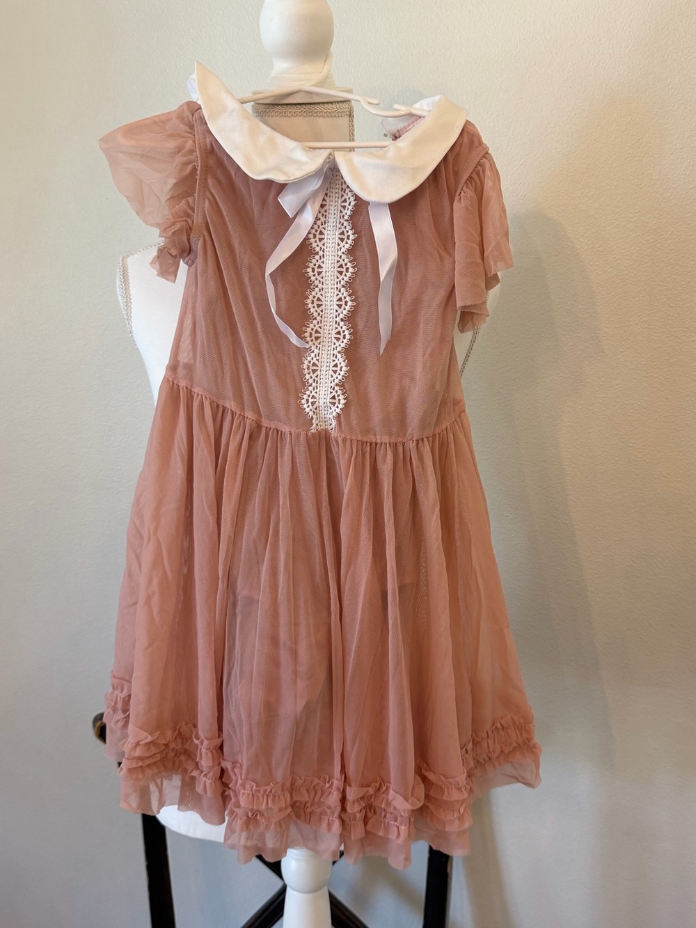 Weissman Peach Tulle Dress with White Peter Pan Collar